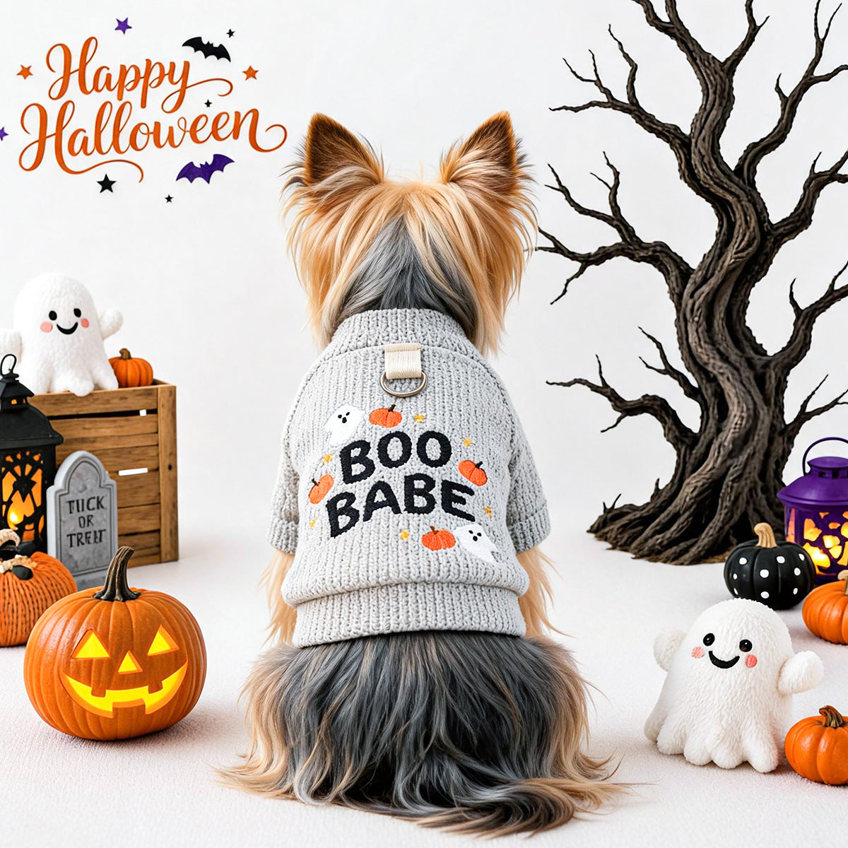 Cute Pet Clothing for Small Dogs and Cats, Halloween Pumpkin Ghost Crewneck Shirt