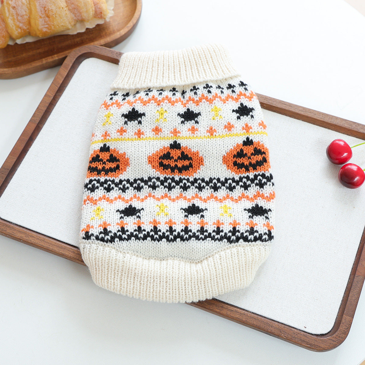 Vintage Fair Isle Pumpkin Bat Dog Sweater for Small Dogs, Halloween Theme Knit Pullover Pet Sweater
