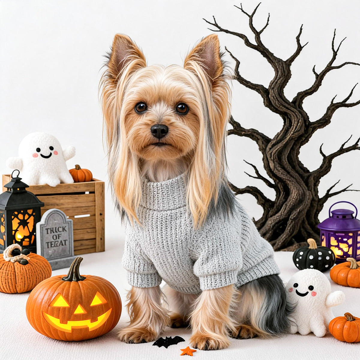 Cute Pet Clothing for Small Dogs and Cats, Halloween Pumpkin Ghost Crewneck Shirt