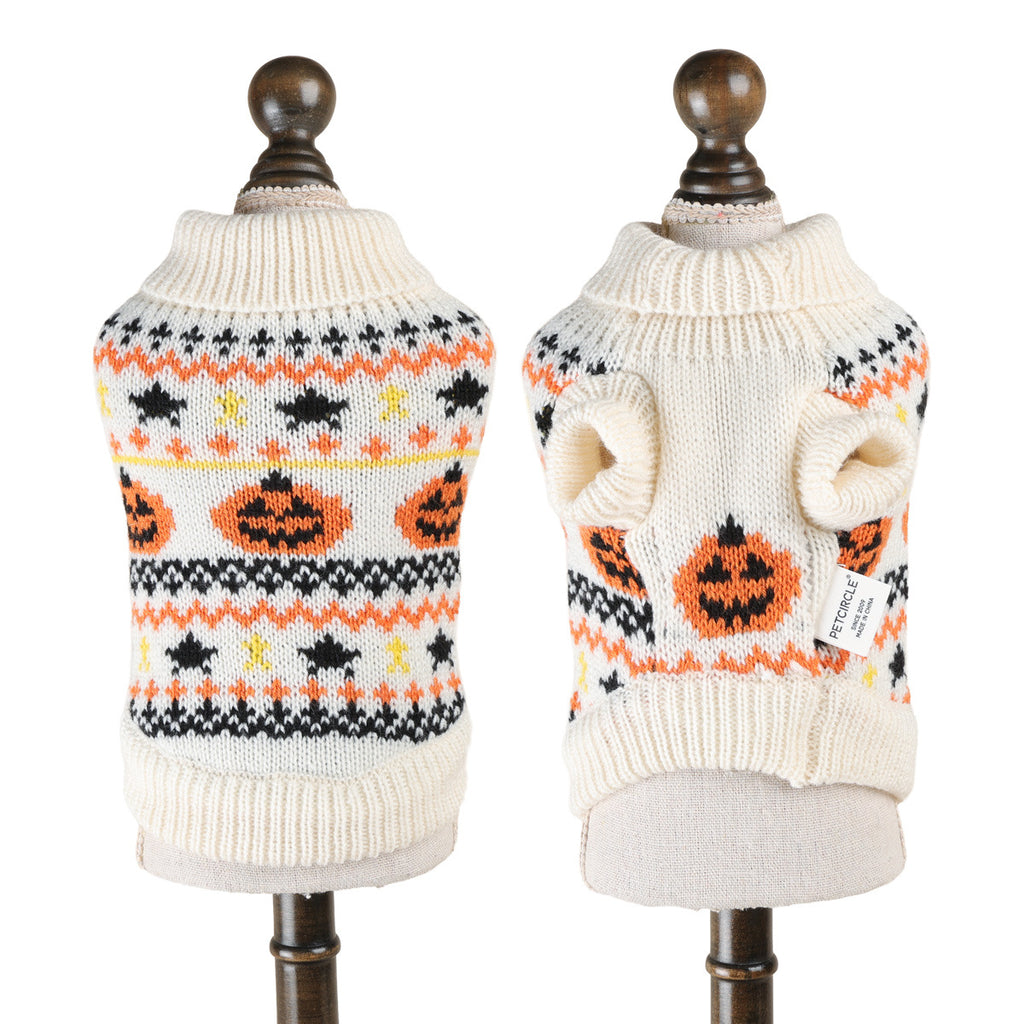 Vintage Fair Isle Pumpkin Bat Dog Sweater for Small Dogs, Halloween Theme Knit Pullover Pet Sweater