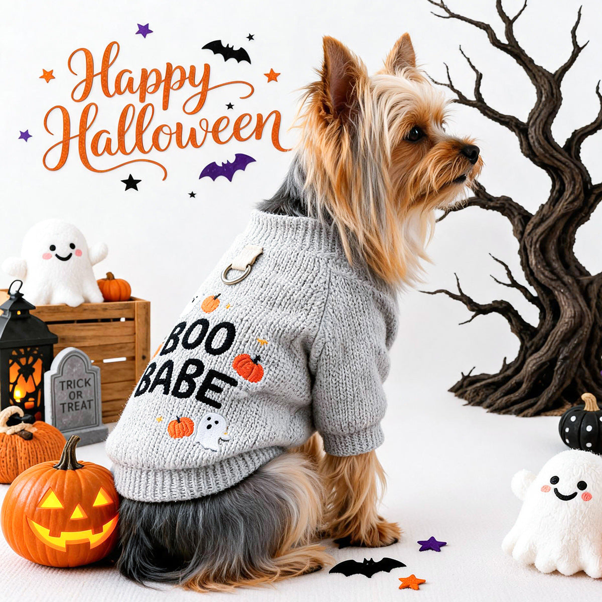 Cute Pet Clothing for Small Dogs and Cats, Halloween Pumpkin Ghost Crewneck Shirt