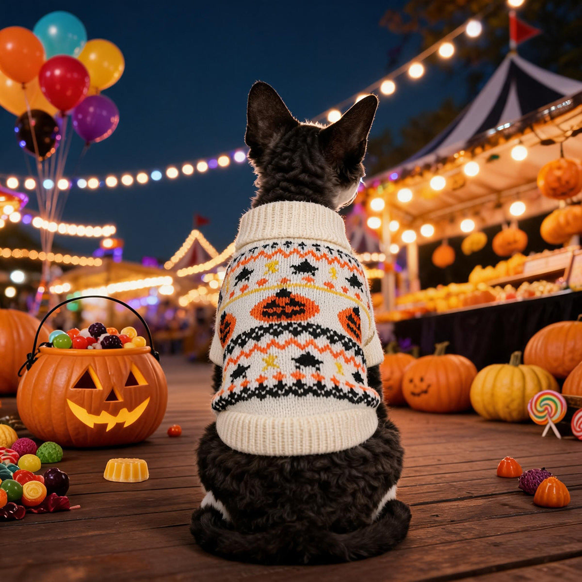 Vintage Fair Isle Pumpkin Bat Dog Sweater for Small Dogs, Halloween Theme Knit Pullover Pet Sweater
