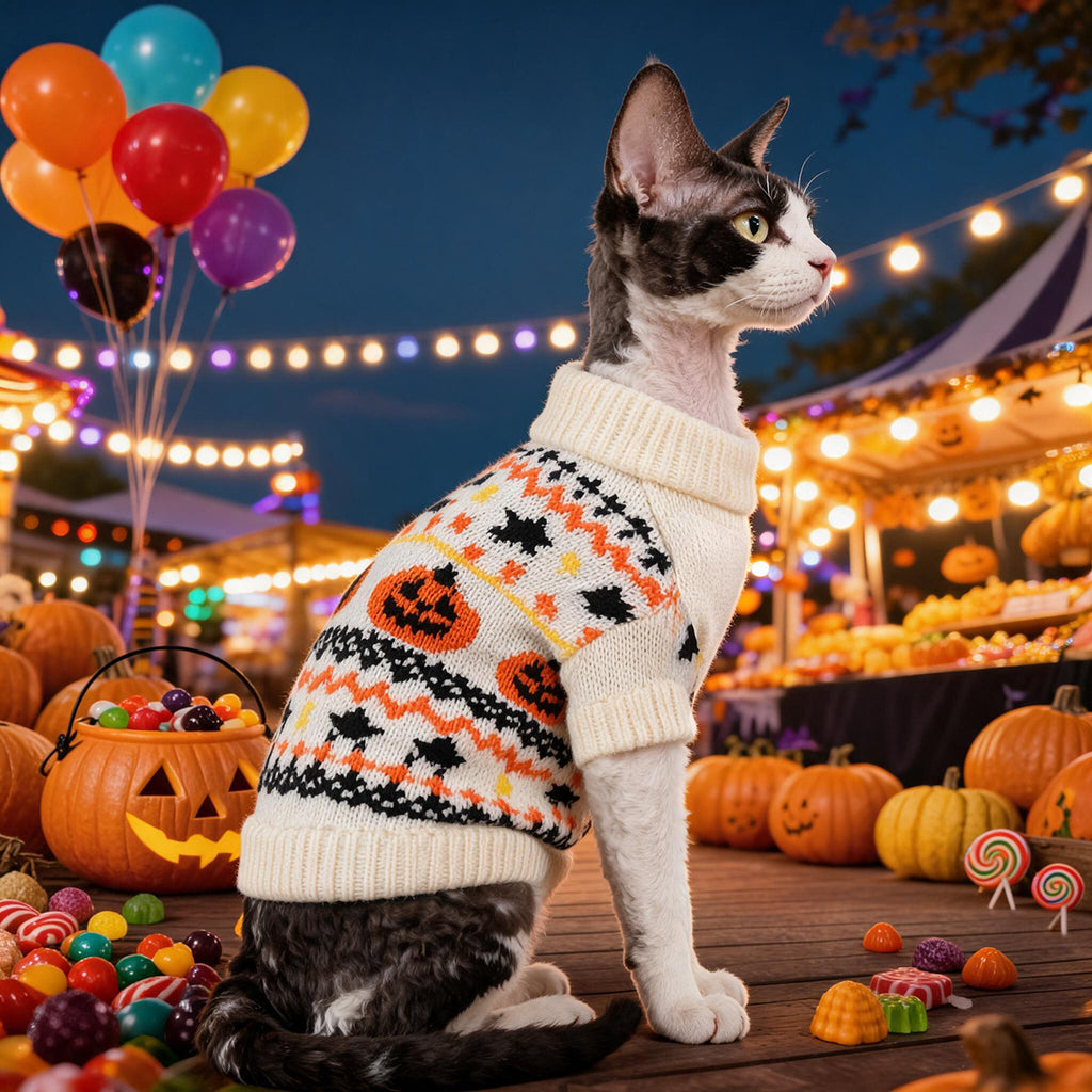 Vintage Fair Isle Pumpkin Bat Dog Sweater for Small Dogs, Halloween Theme Knit Pullover Pet Sweater